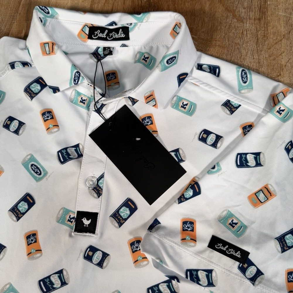 NEW Bad Birdie Crushable Beer Can Golf Polo Mens Small performance Stretch